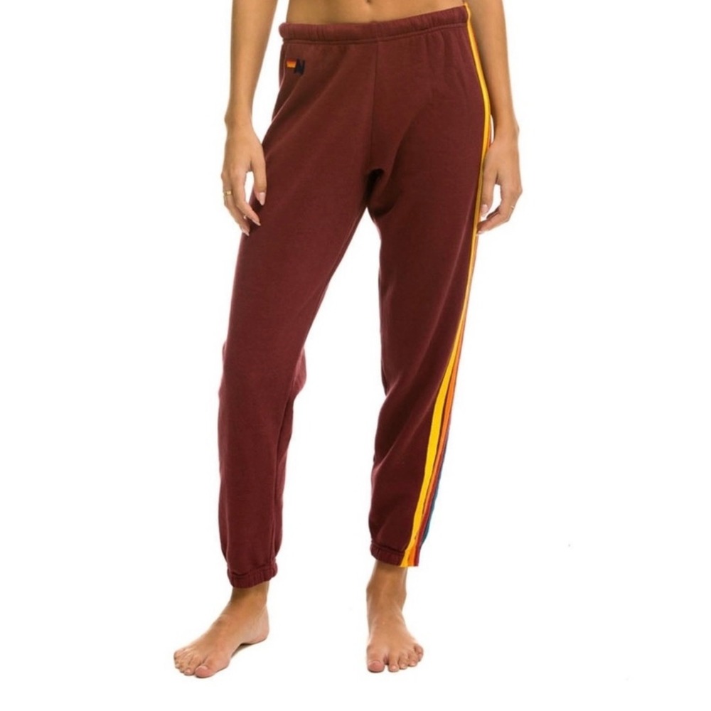 Aviator Nation Womens L Burgundy 5-Stripe Rainbow Sweatpants Drawstring Casual